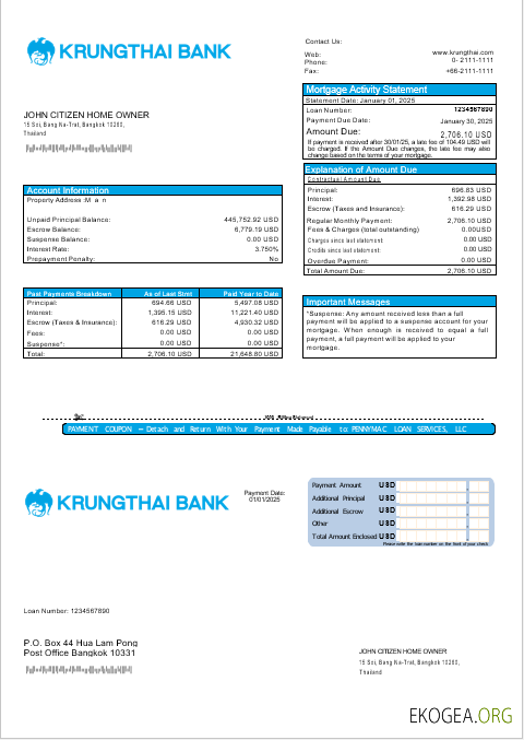 Relevé hypothécaire de la banque Krungthai en Thaïlande aux formats Word et PDF